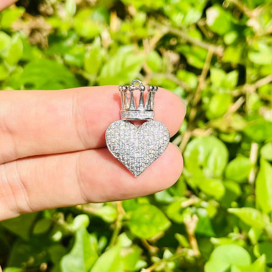 cz pave crown heart charms pendants, 24*17mm, sold per pkg of 10