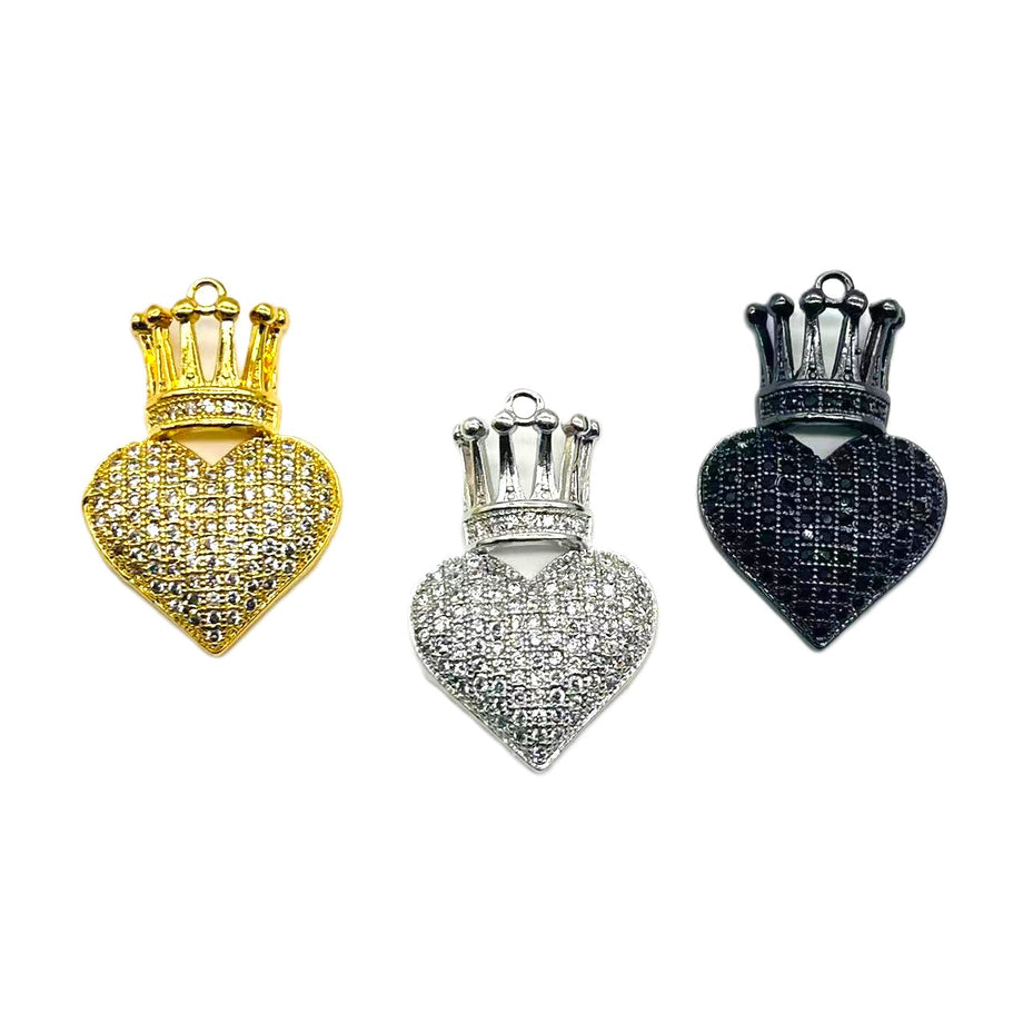 cz pave crown heart charms pendants, 24*17mm, sold per pkg