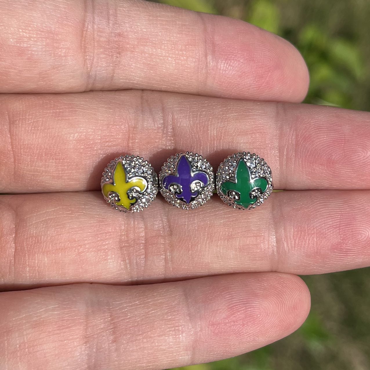 10mm cz pave ball spacer, Mardi Gras, Fleur De Lis, Silver plated, sold per pkg of 10pcs
