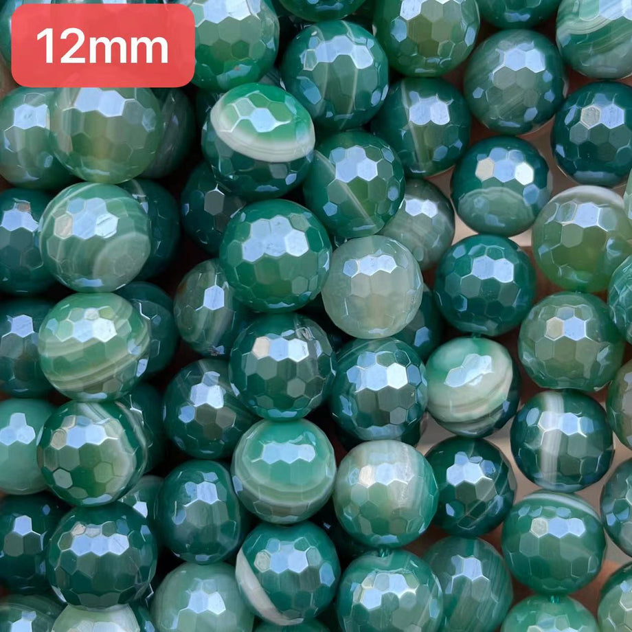 12mm faceted electroplated stripe agate beads, Green, sold per pkg