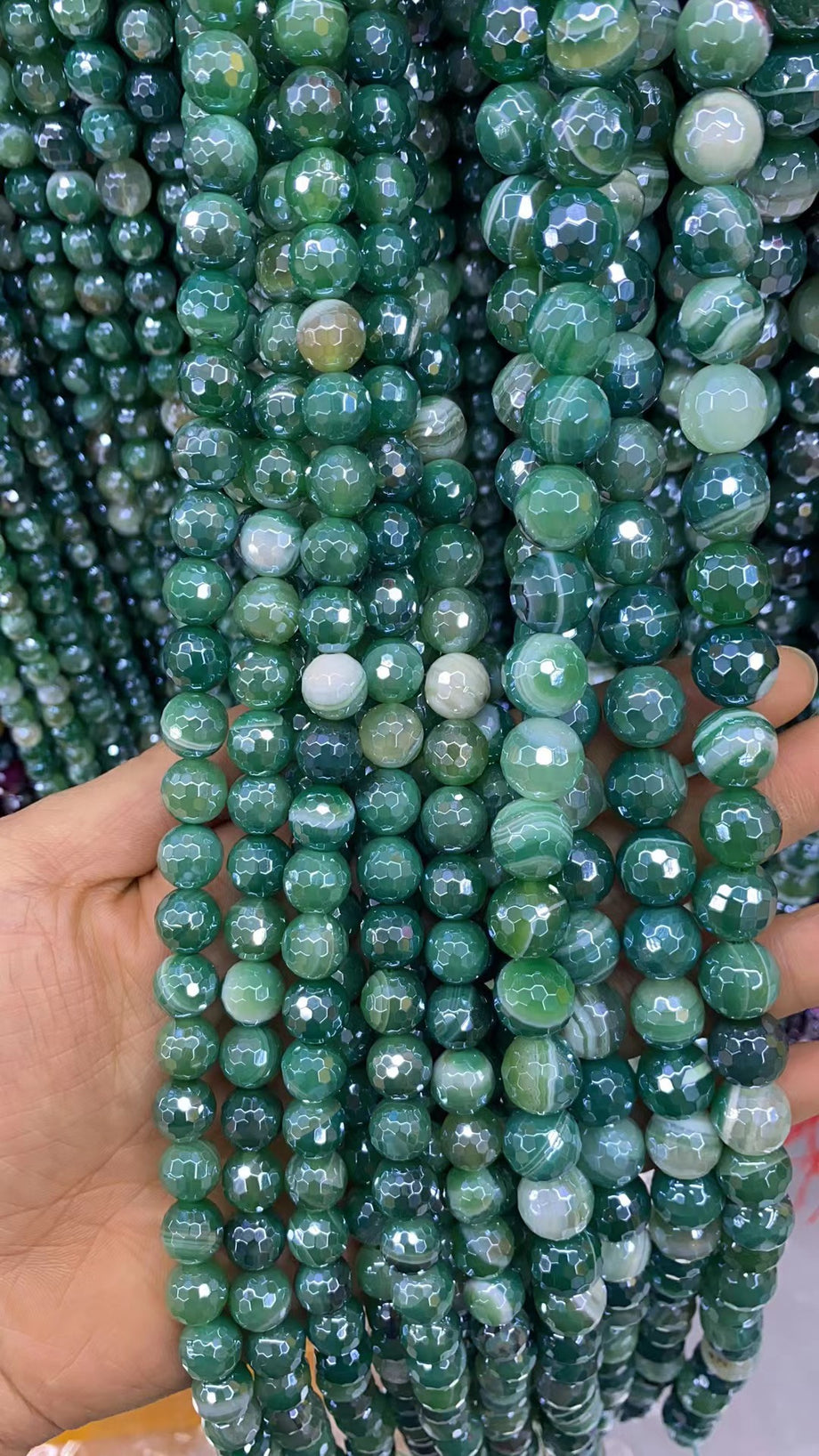 12mm faceted electroplated stripe agate beads, Green, sold per pkg