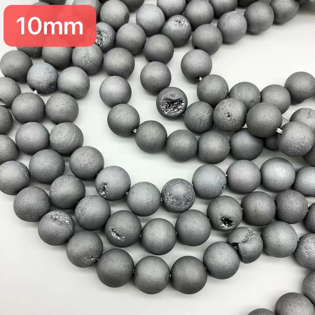 10mm electroplated druzy agate beads, silver,  metallic coated beads, sold per pkg of 2 strands