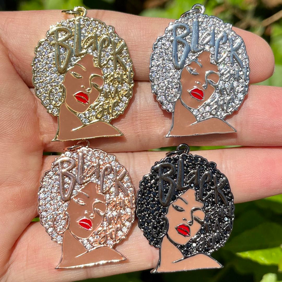 CZ Pave Afro Black Queen Charms Black Girl Magic African American Black Woman Pendants sold per pkg of 10pcs