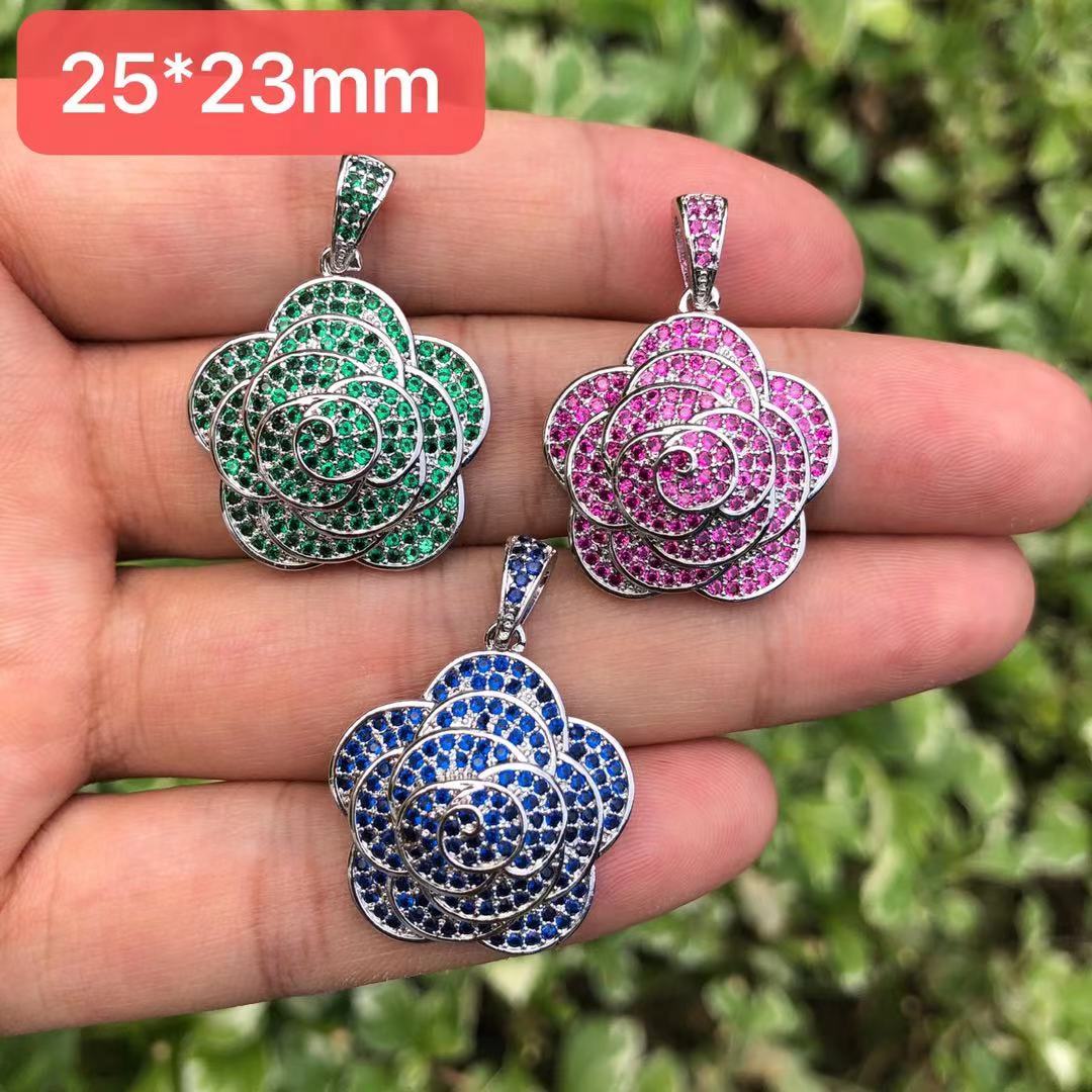 colorful cz pave rose charms pendants, silver, 25*23mm, sold per pkg o –  Charms Beads Vendor